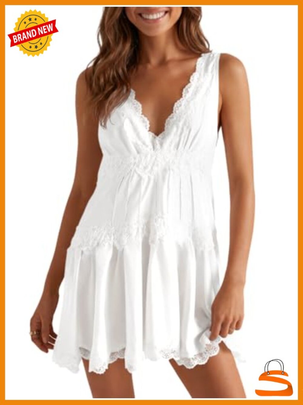 Wenrine Lace Mini Dress Satin V Neck A Line Sleeveless Babydoll